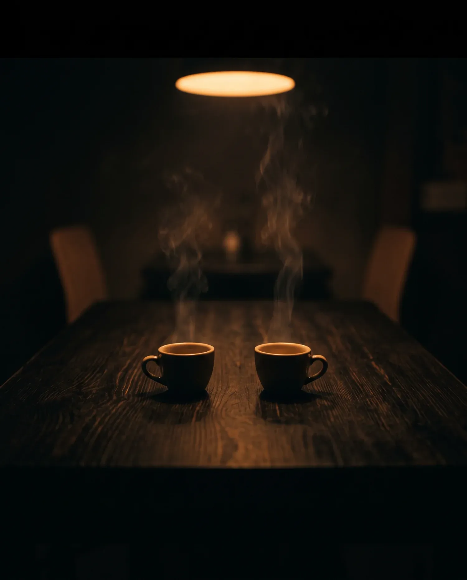 Două cești de espresso față în față pe o masă de lemn, cu abur