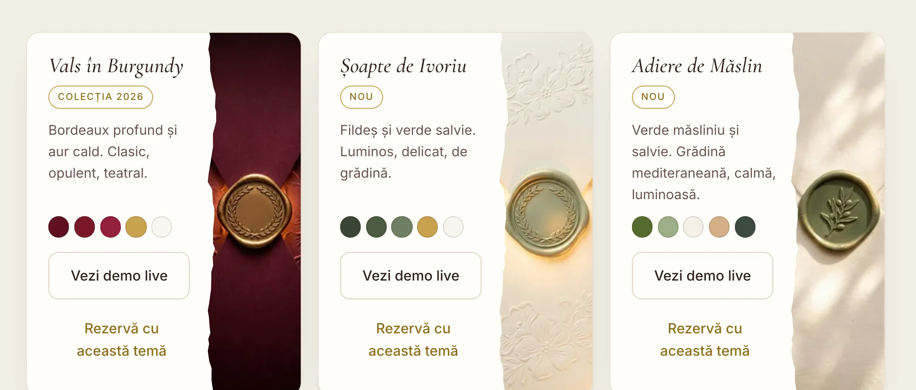 Trei dintre temele Dingo Invitations: Vals în Burgundy, Șoapte de Ivoriu, Adiere de Măslin