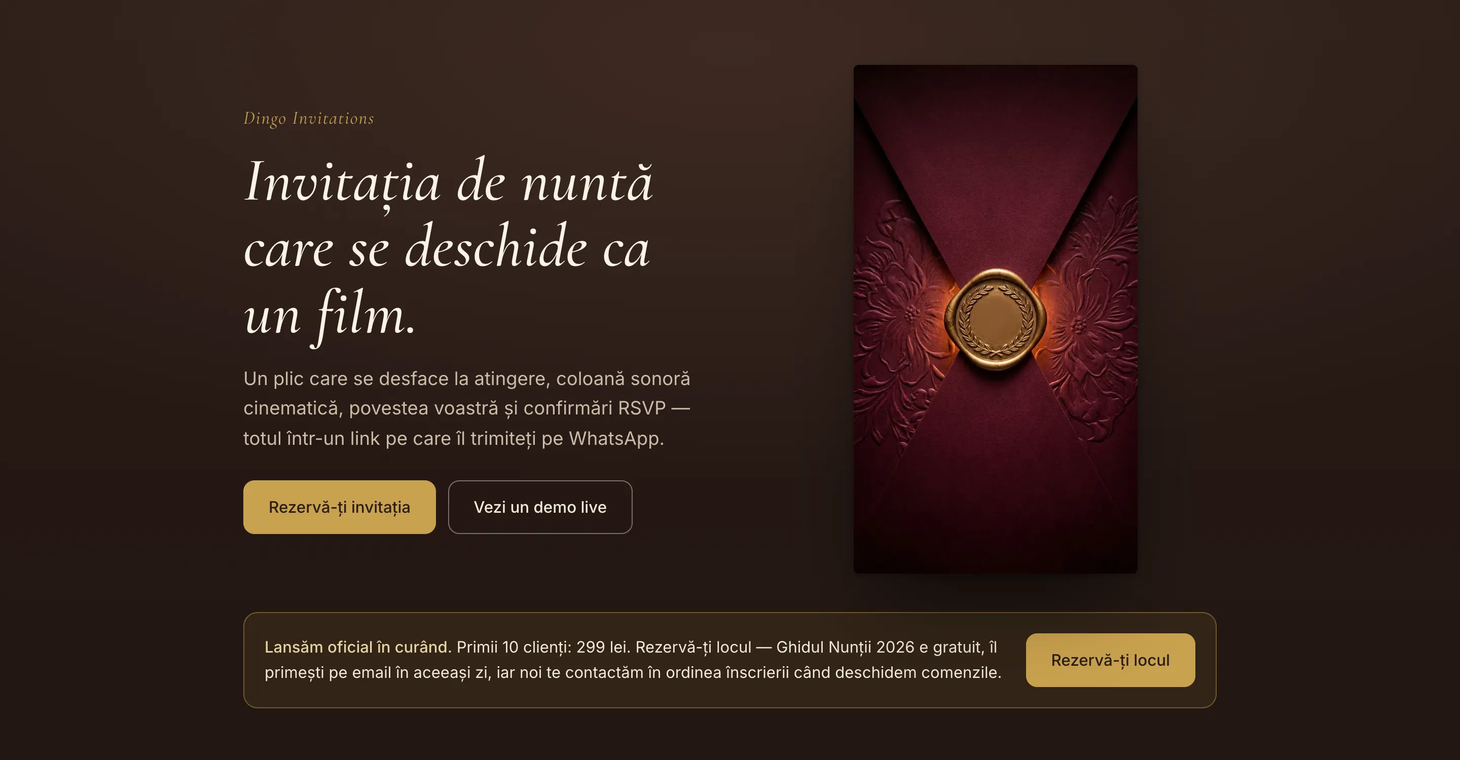 Pagina Dingo Invitations pe desktop: plicul bordo cu sigiliu de ceară