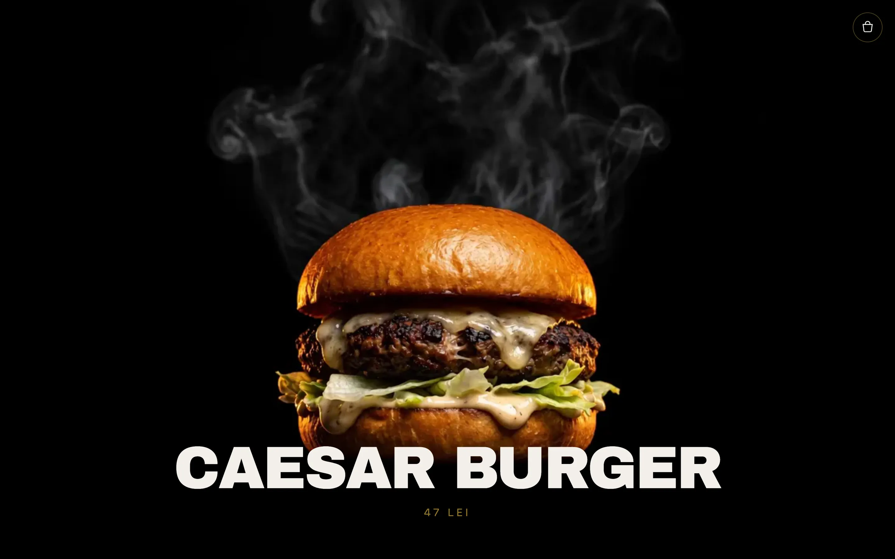 Pagina principală Riky's Burger pe desktop: hero întunecat cu burgerul în lumină caldă