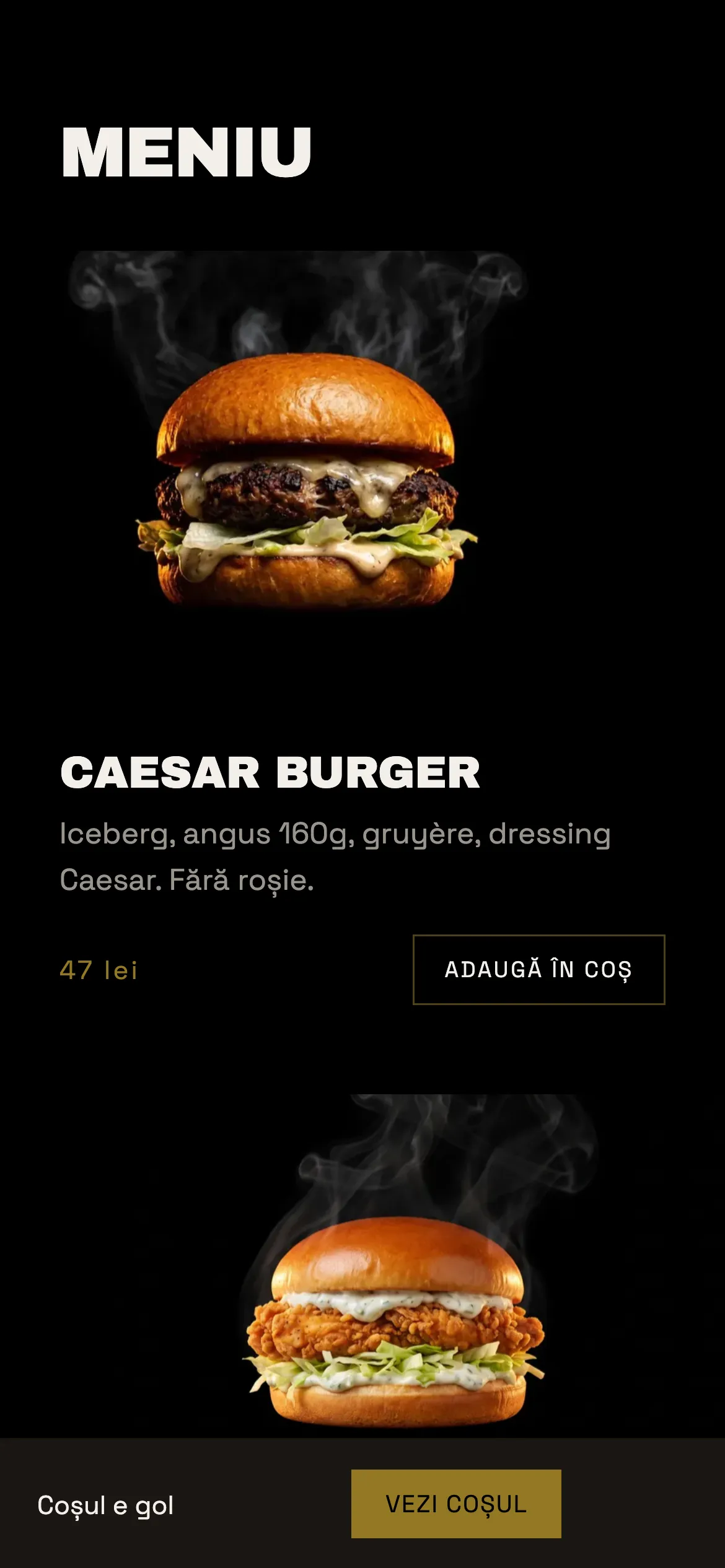 Riky's Burger pe telefon — meniul derulat